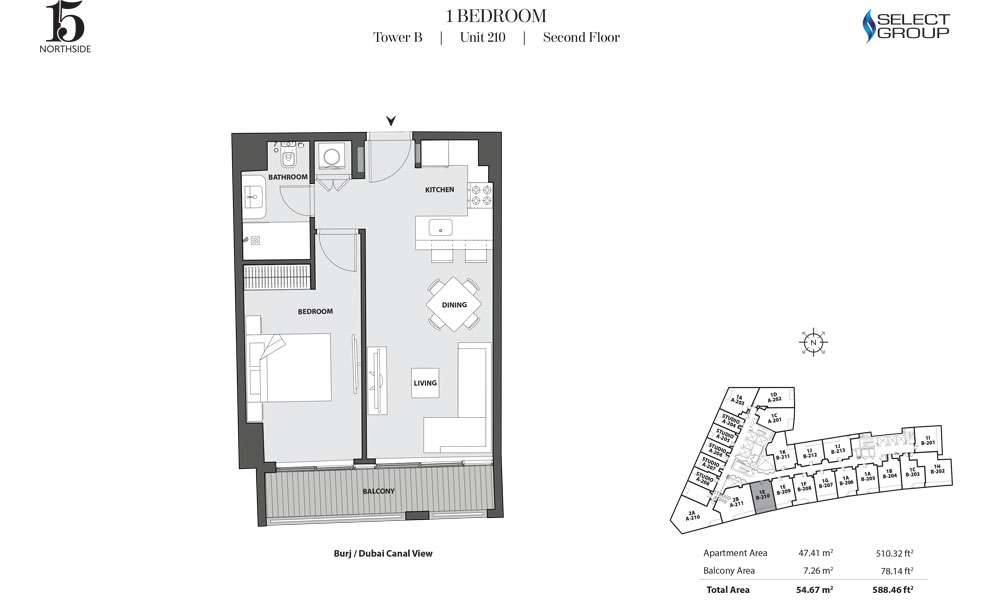 Tower B, 1 Bedroom, Unit 210, Second Floor
